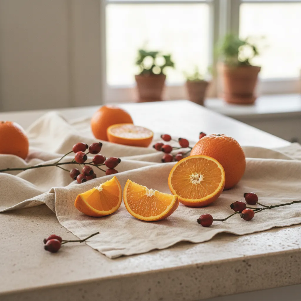 Apelsiner, nypon och gröna blad på ett ljust stenbord - C-vitamin och antioxidanter