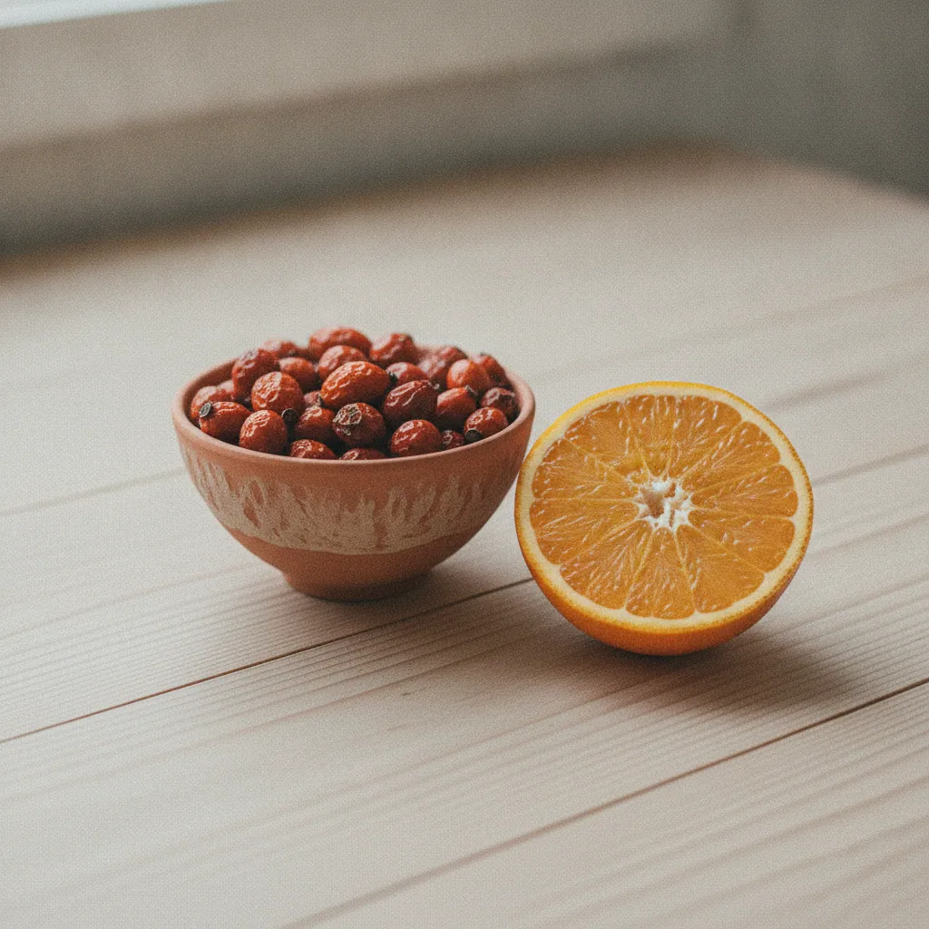 Nypon och apelsiner på ett ljust träbord - naturliga källor till C-vitamin